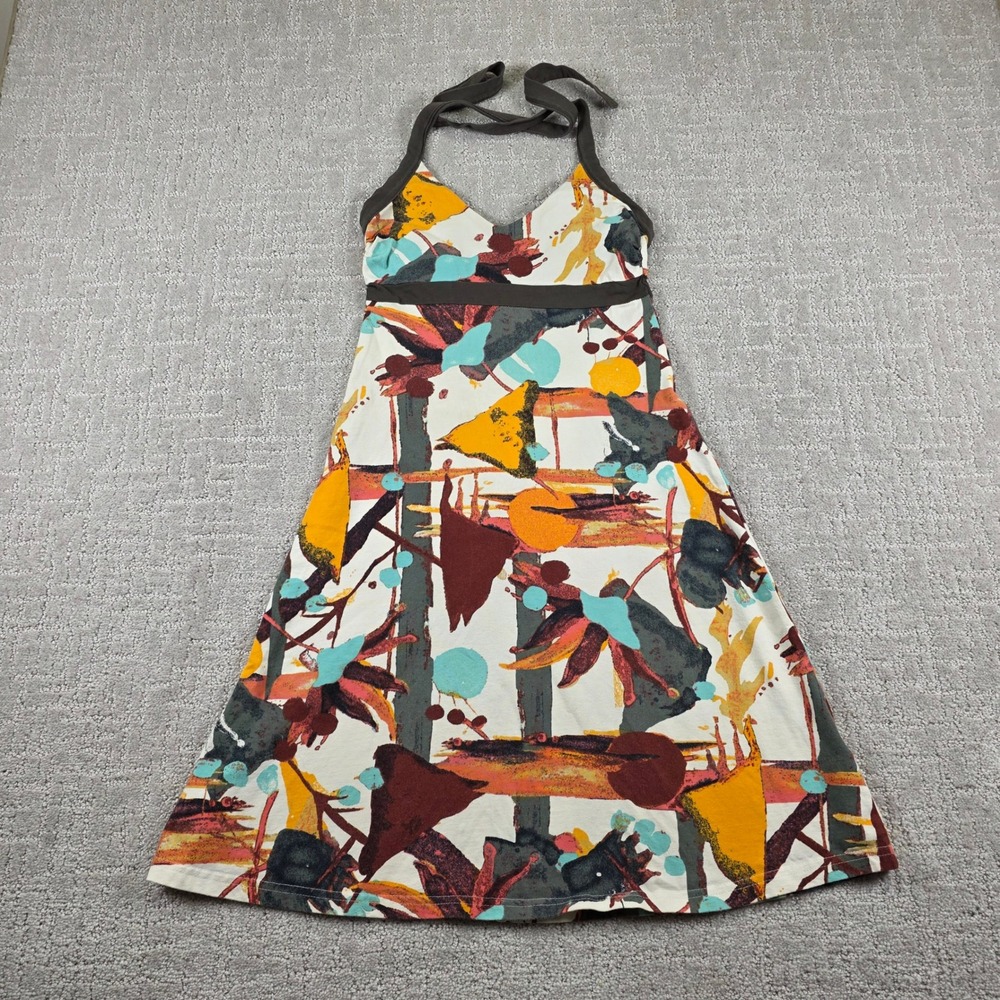 Patagonia Morning Glory Halter Dress XS Abstract Print Organic Cotton Brown Trim